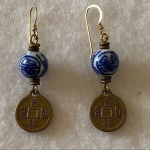 Ross-Simons gold coin China blue ceramic drop vintage earrings